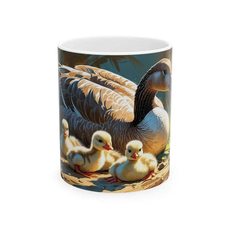 Charming 11oz white ceramic mug showcasing a mother goose with her cute goslings.