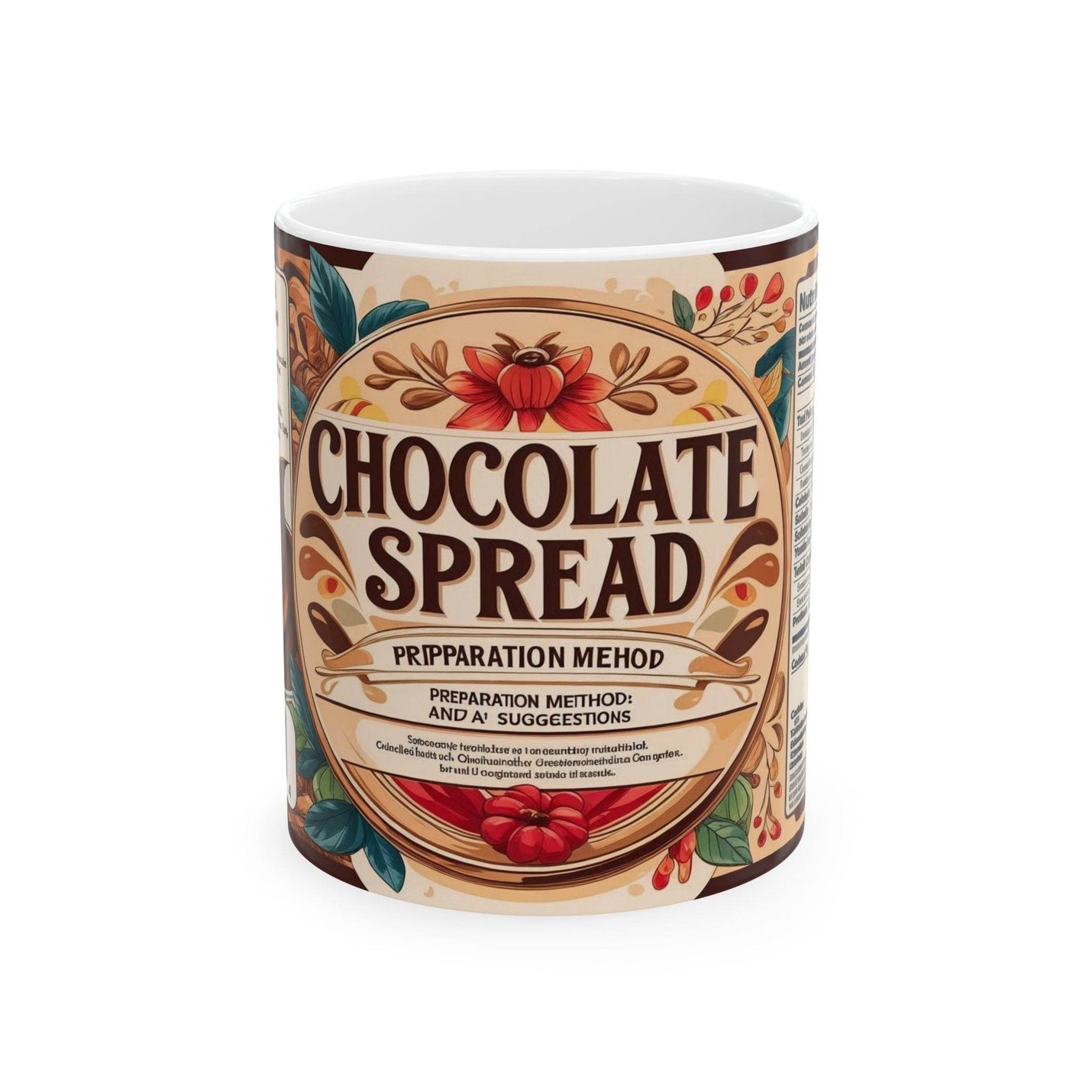Charming 11oz Mug - Chocolate Spread Design Ceramic Coffee Mug standing beautifully next to green botanical indoor plants.
