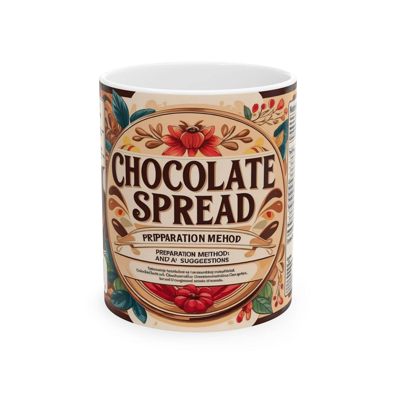 Charming 11oz Mug - Chocolate Spread Design Ceramic Coffee Mug standing beautifully next to green botanical indoor plants.