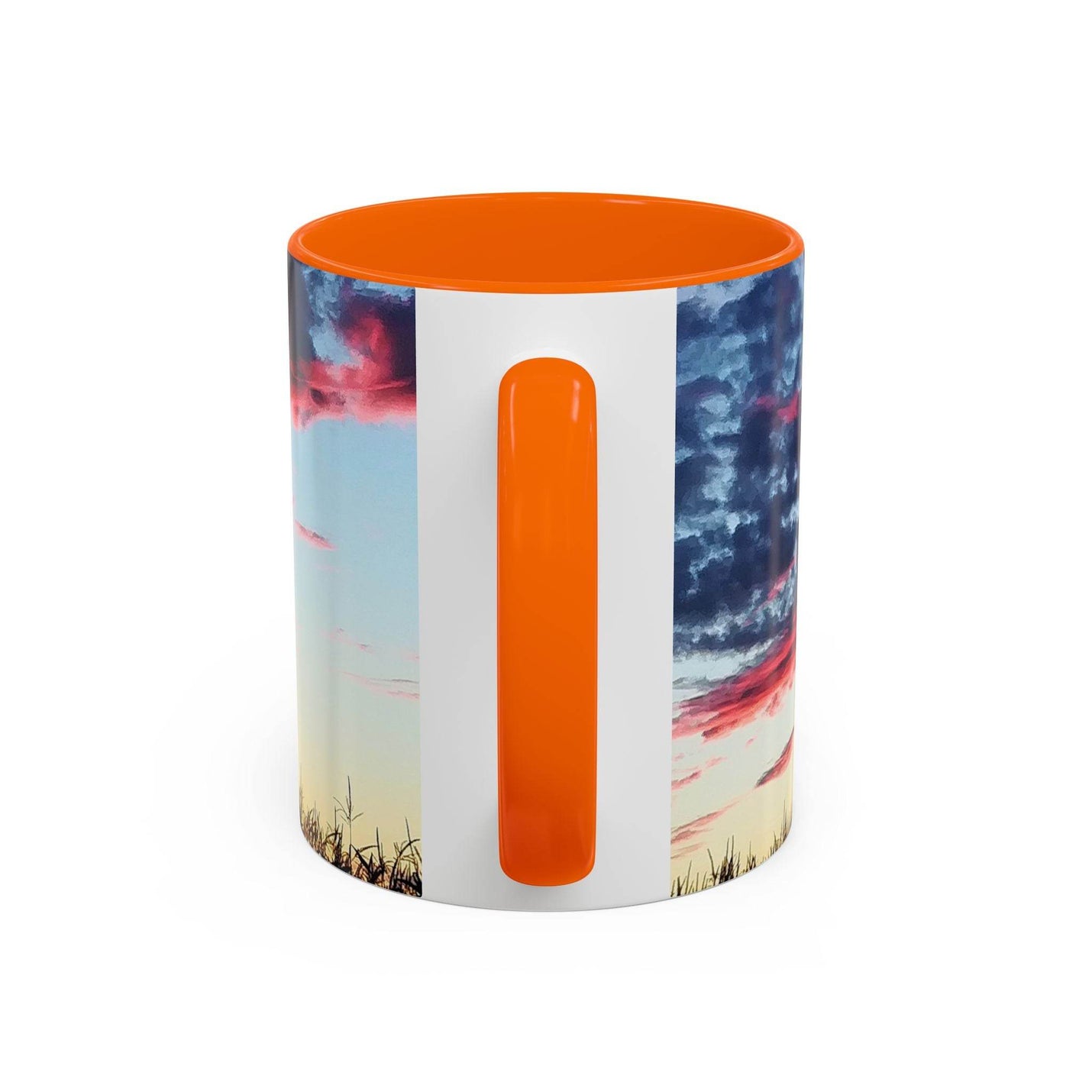 Vibrant 11oz Sunset Accent Coffee Mug for home office decor, featuring an orange handle and inside on a stand.