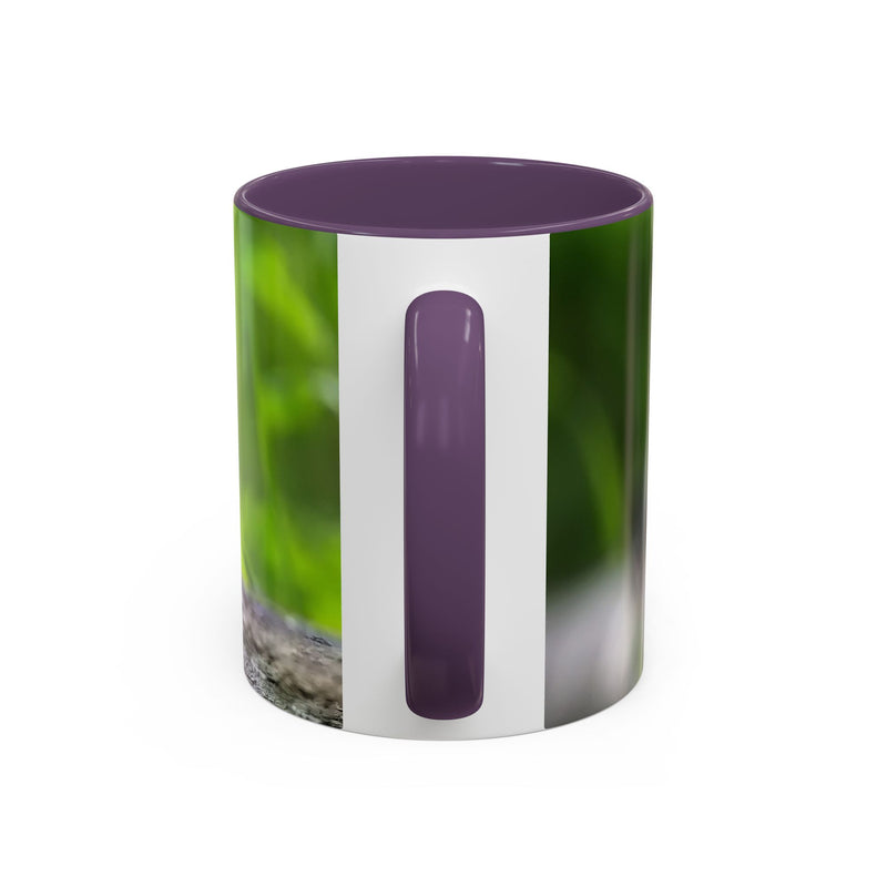 Cozy 325ml coal tit photography mug designed with a purple handle and purple inside.