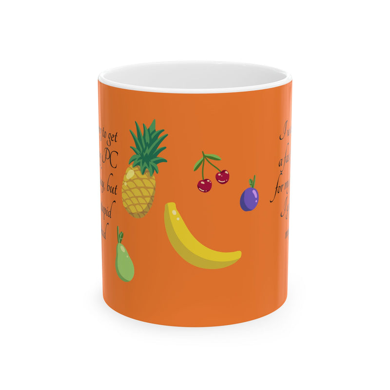 Funny 11oz gamer themed Coffee Mug — 'I got a stupid mug for my birthday' standing next to green botanical plants.