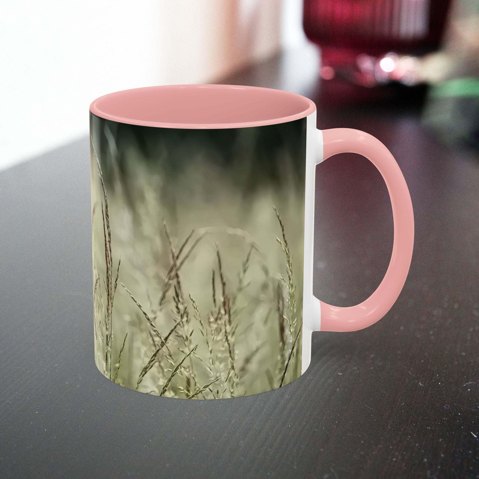 Flowering Grass Mug with serene nature design, pink handle.