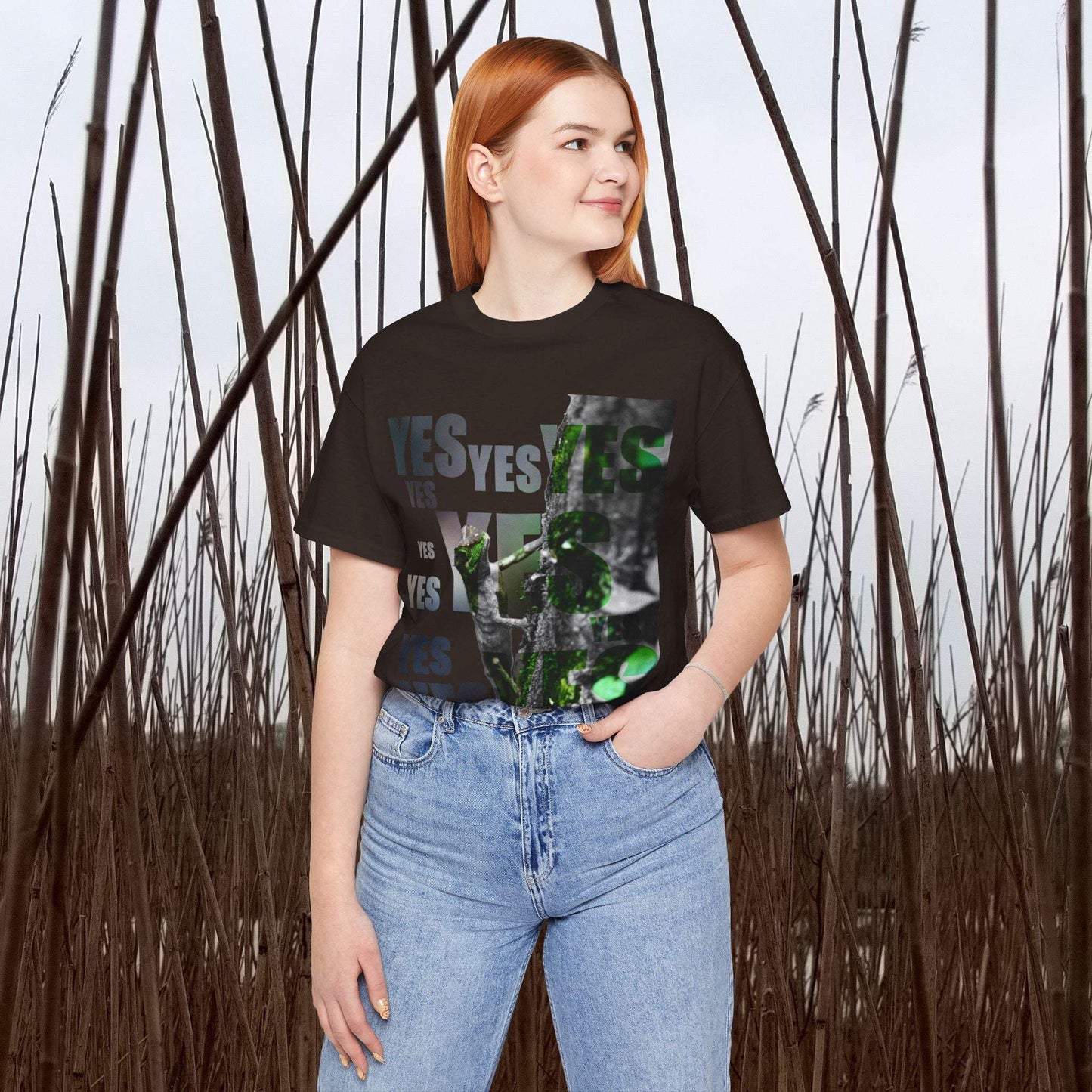 Diploderma Nature Print Unisex Tee with "Yes and No" graphic, earthy design; perfect for all-gender casual wear, emphasizing outdoor adventure style.