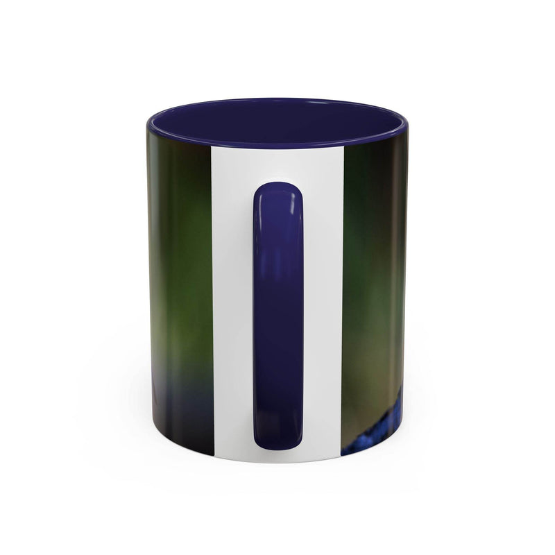Robin bird themed 11oz coffee mug with a stylish navy handle and solid navy inside, ideal nature gift.