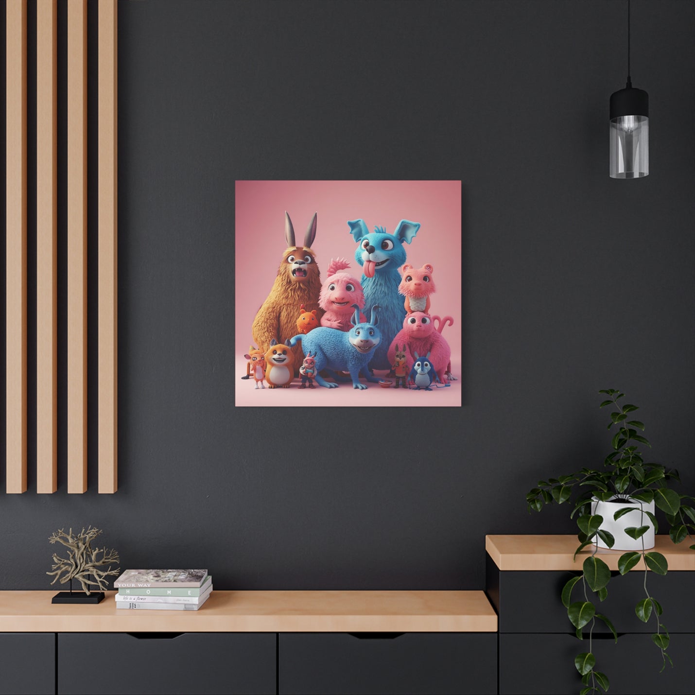 Vibrant 30″ x 30″ | 76.20 cm x 76.20 cm creature illustration canvas print with a 1.25″ | 3.18 cm profile.