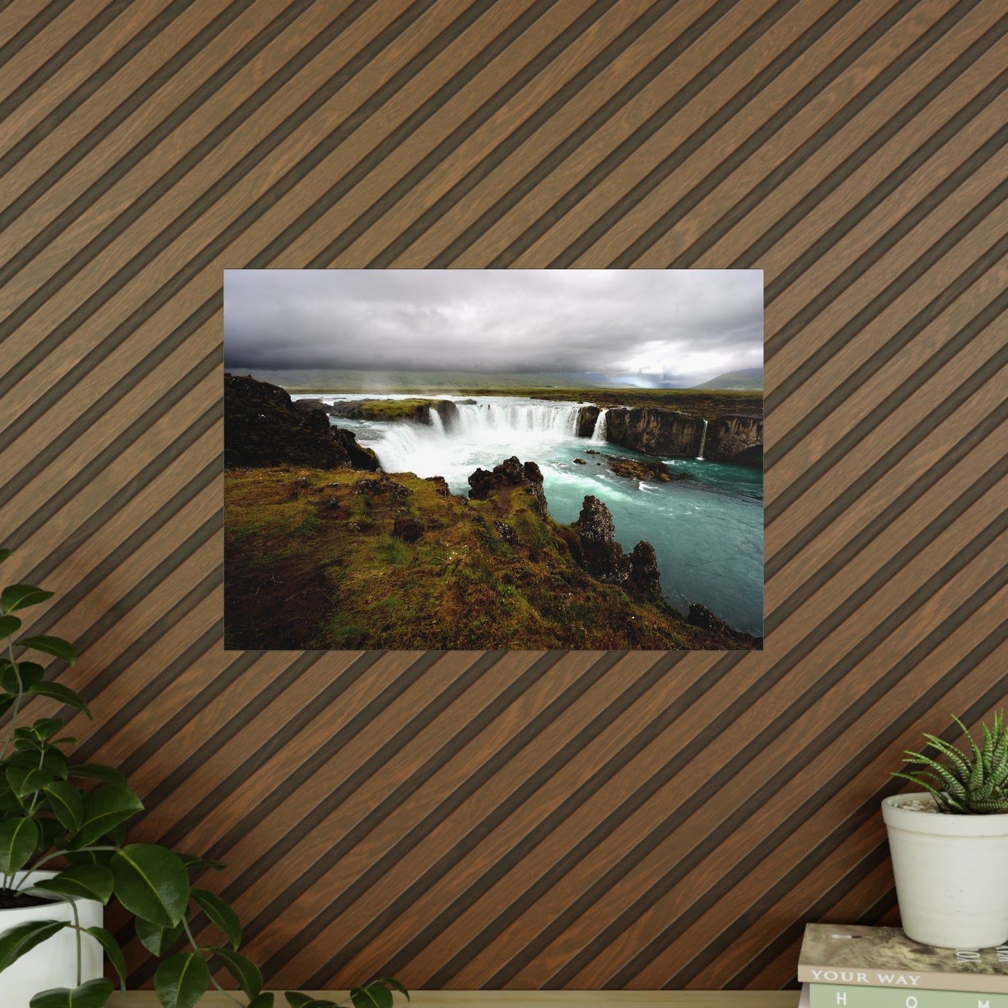 Poster, Godafoss waterval Noord-IJsland, Fotografie print, Wanddecoratie, Natuurkunst, Huisdecoratie