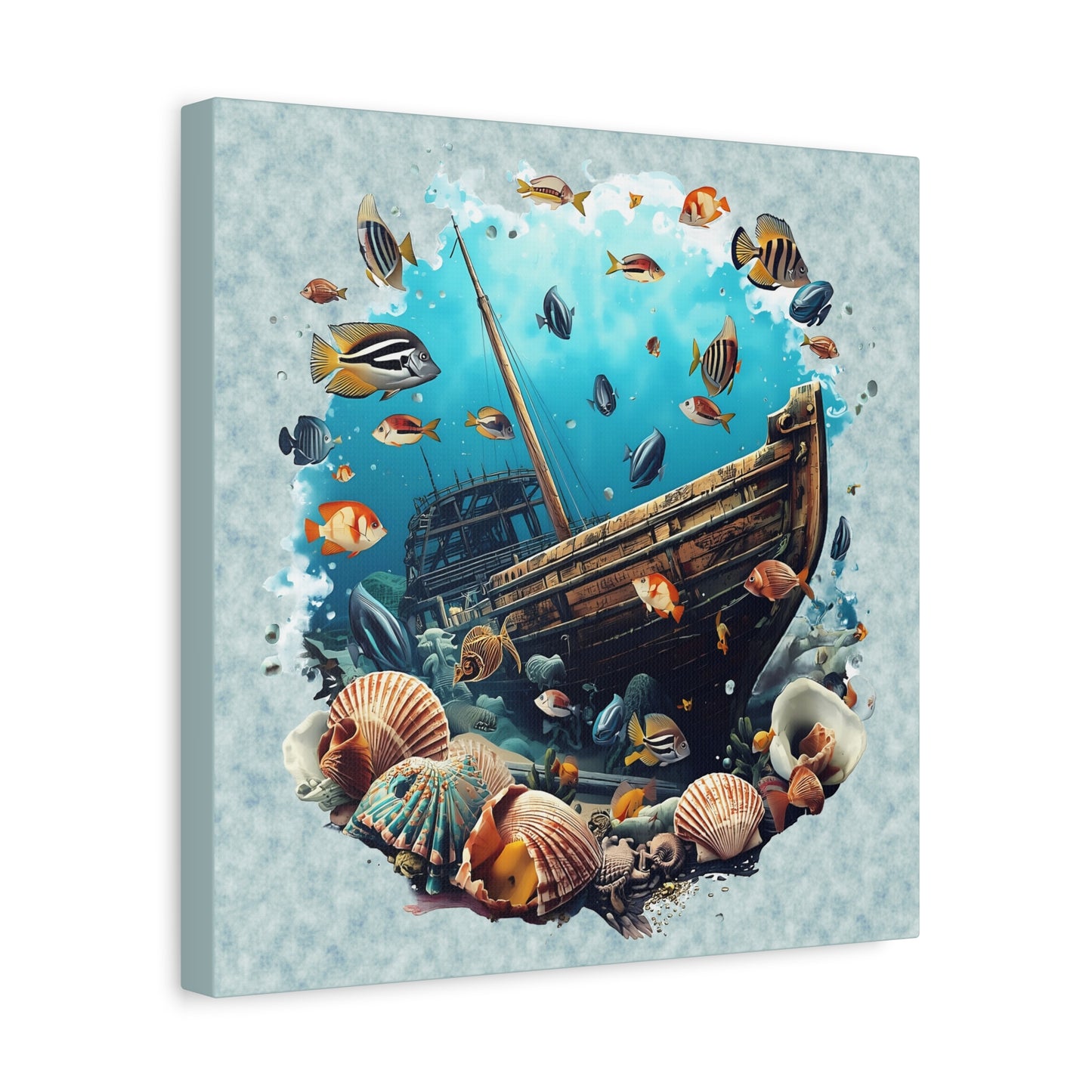 Sunken Ship Ocean Canvas Wall Art — Underwater Fish & Seashell Print