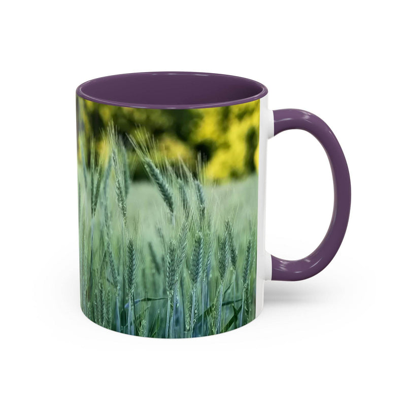 Serene 11oz Mug - Wheat Field Design Coffee Mug showing the purple handle and purple inside section.