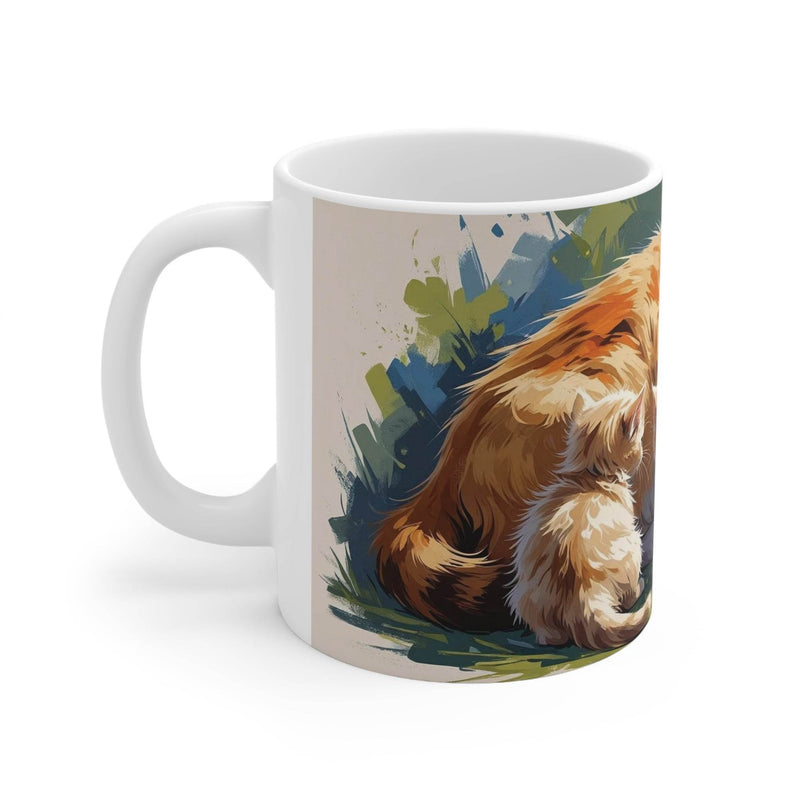 Glänzender 325ml Becher aus weißer Keramik mit einem kunstvollen Motiv einer bunten Katze und ihren verspielten Kätzchen.