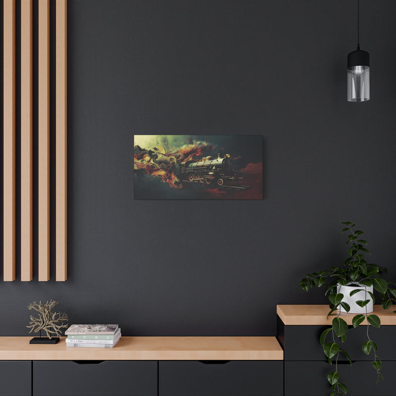 Nostalgic 30″ x 15″ | 76.20 cm x 38.10 cm locomotive wall art on 1.25″ | 3.18 cm stretched matte canvas.