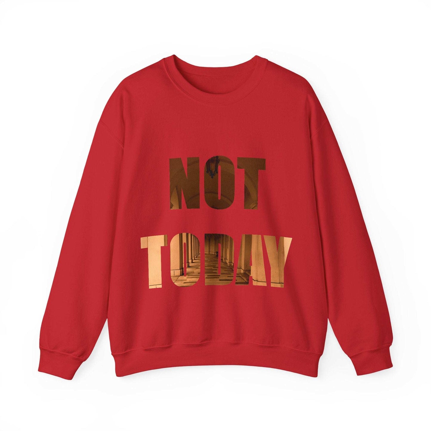 Cozy Unisex Crewneck Sweatshirt in red with "Not Today" text, classic design.