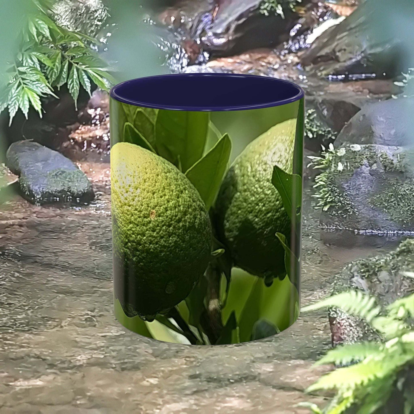 11oz fruit mug with vibrant colors and glossy finish in a natural setting.
