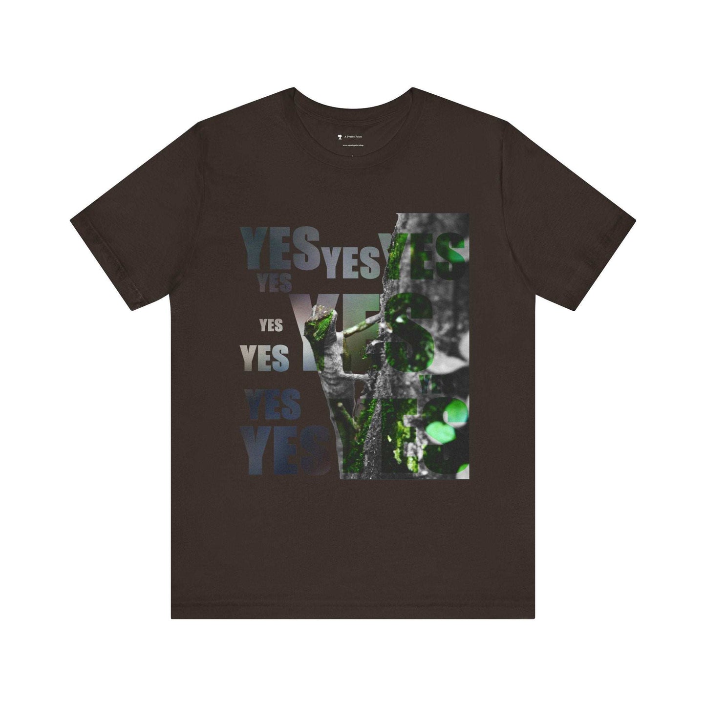 Unisex Tee with environmental graphic print and "Yes and No" text design.