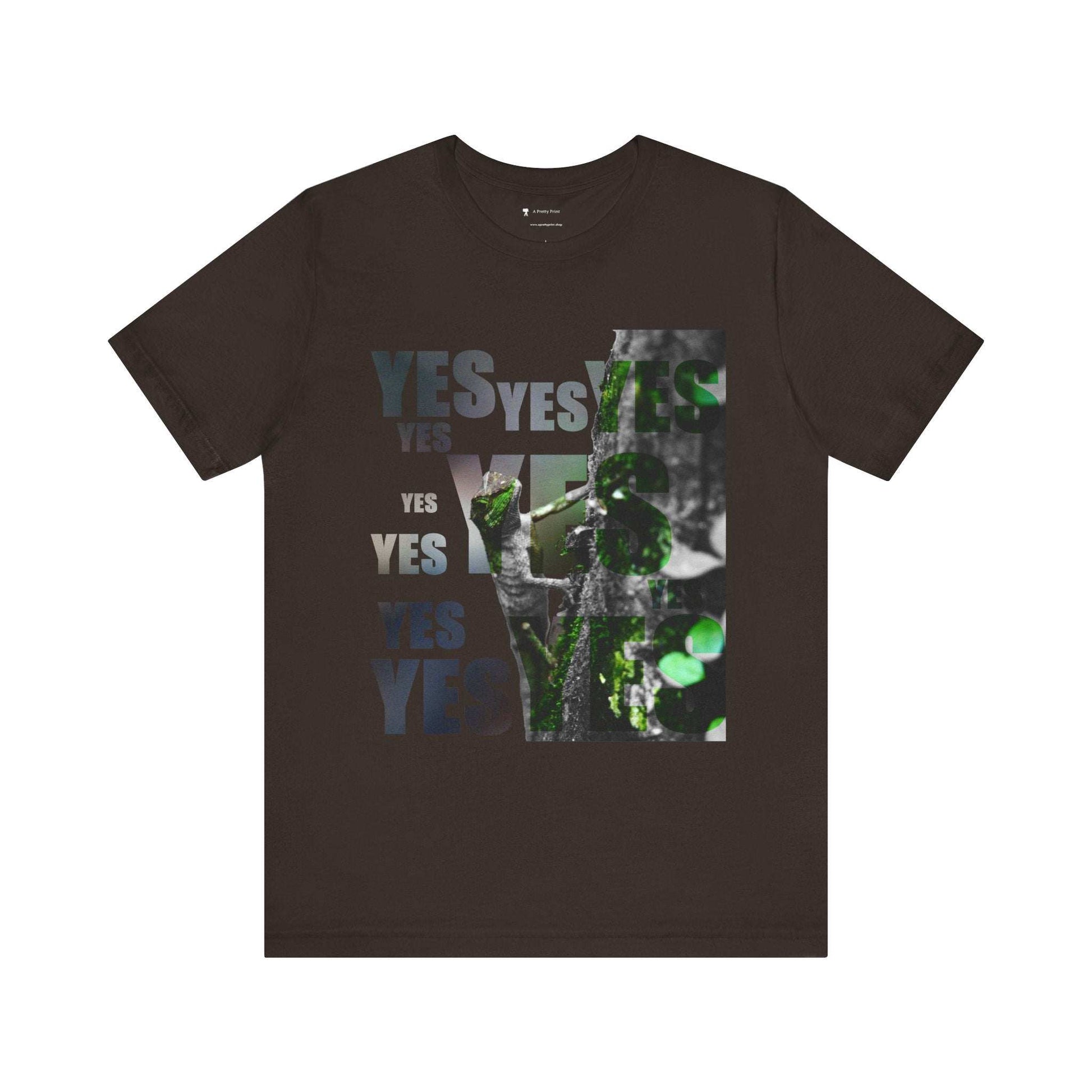 Unisex Tee with environmental graphic print and "Yes and No" text design.