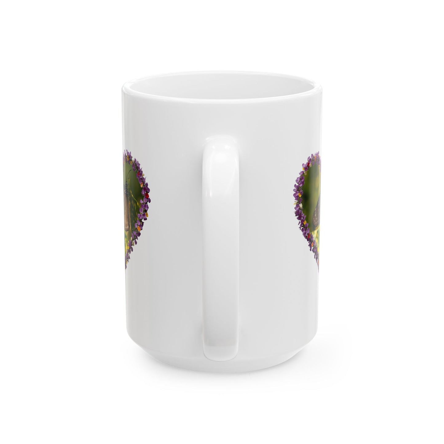 Butterfly Heart Mug — Floral Heart Frame Ceramic Coffee Cup (11oz & 15oz)