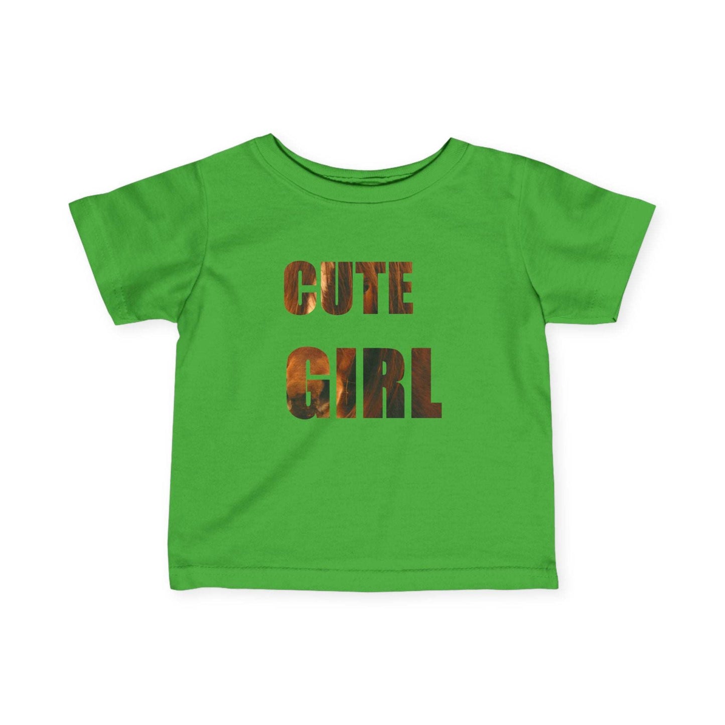 Green infant tee with "Cute Girl" text featuring horse photography.