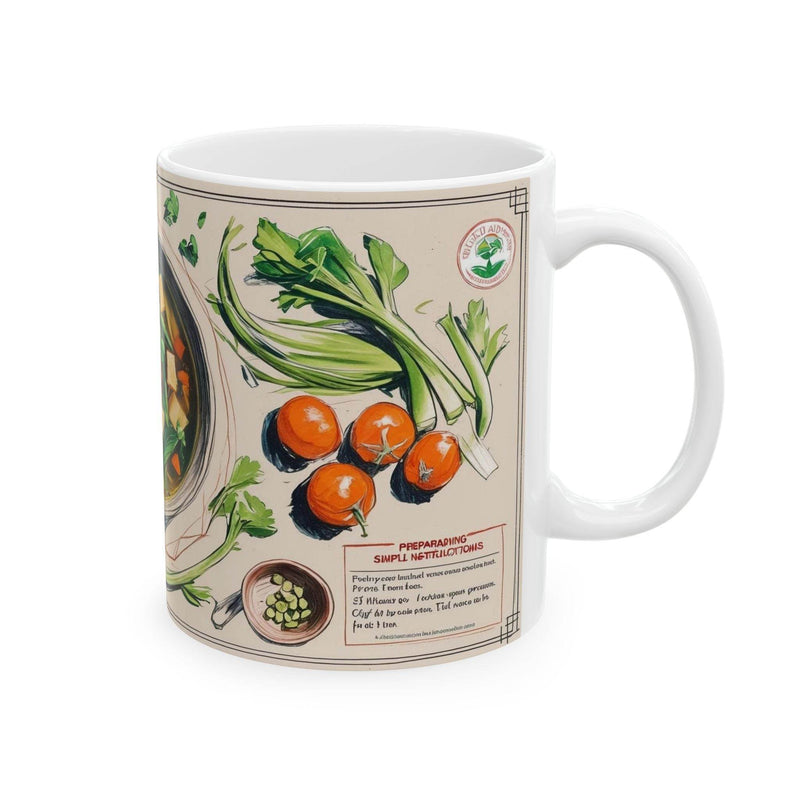 Fun 11oz breakfast themed Coffee Mug - Tasty Chinese Vegetable Soup Design filled with a hot morning drink.