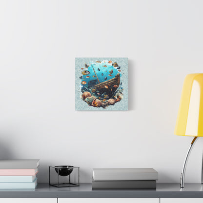 Sunken Ship Ocean Canvas Wall Art — Underwater Fish & Seashell Print