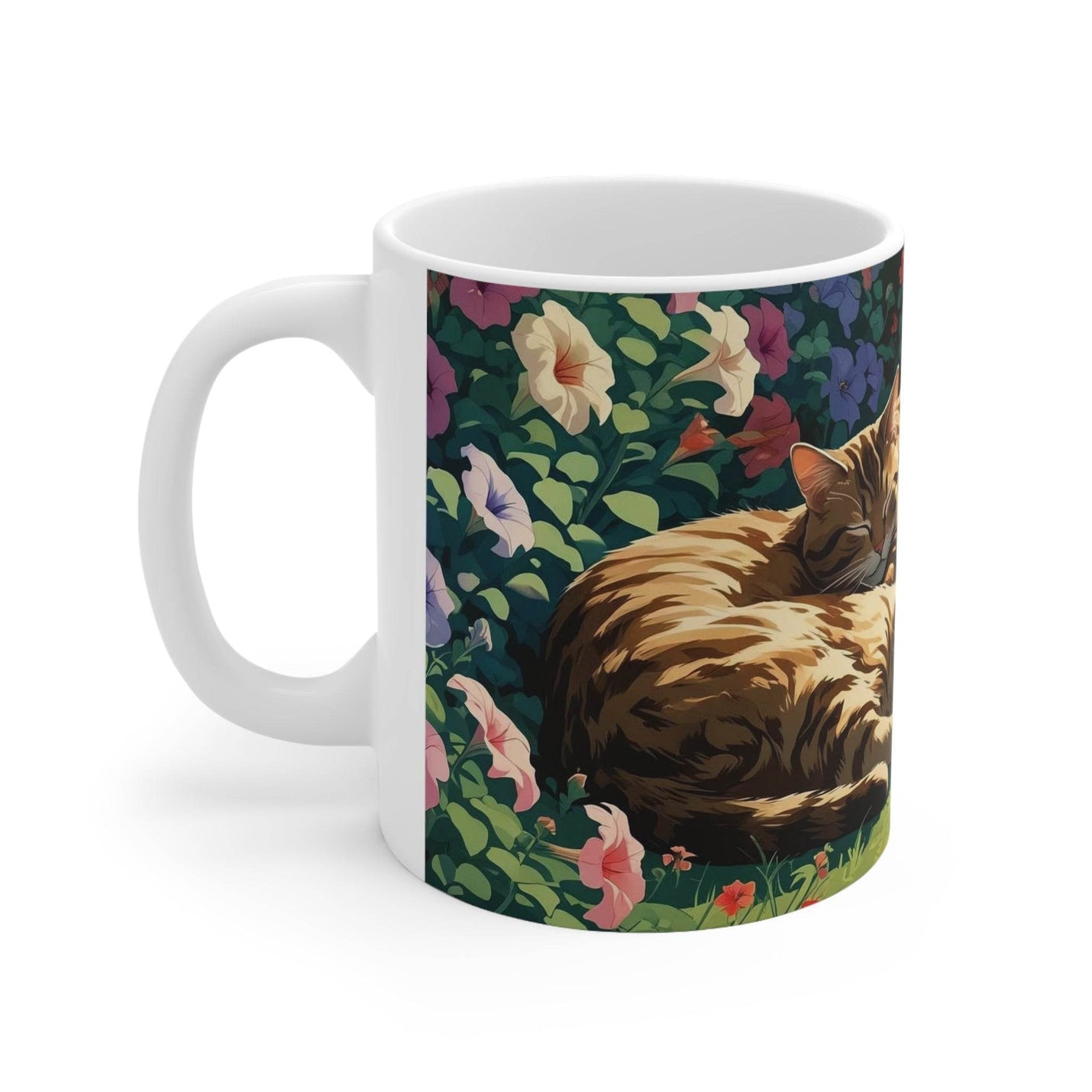 Hochwertiger 325ml Becher mit einem kunstvollen schlafende Katzen im Garten Design für gemütliche Kaffeemomente.