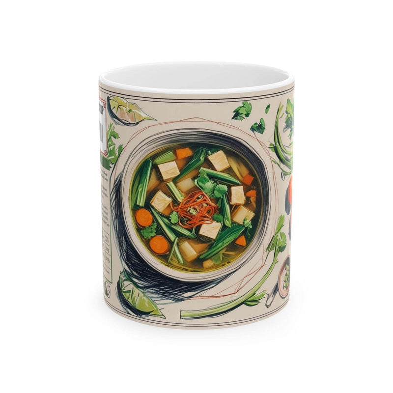 Premium 11oz Coffee Mug - Tasty Chinese Vegetable Soup Design standing next to green botanical indoor plants.