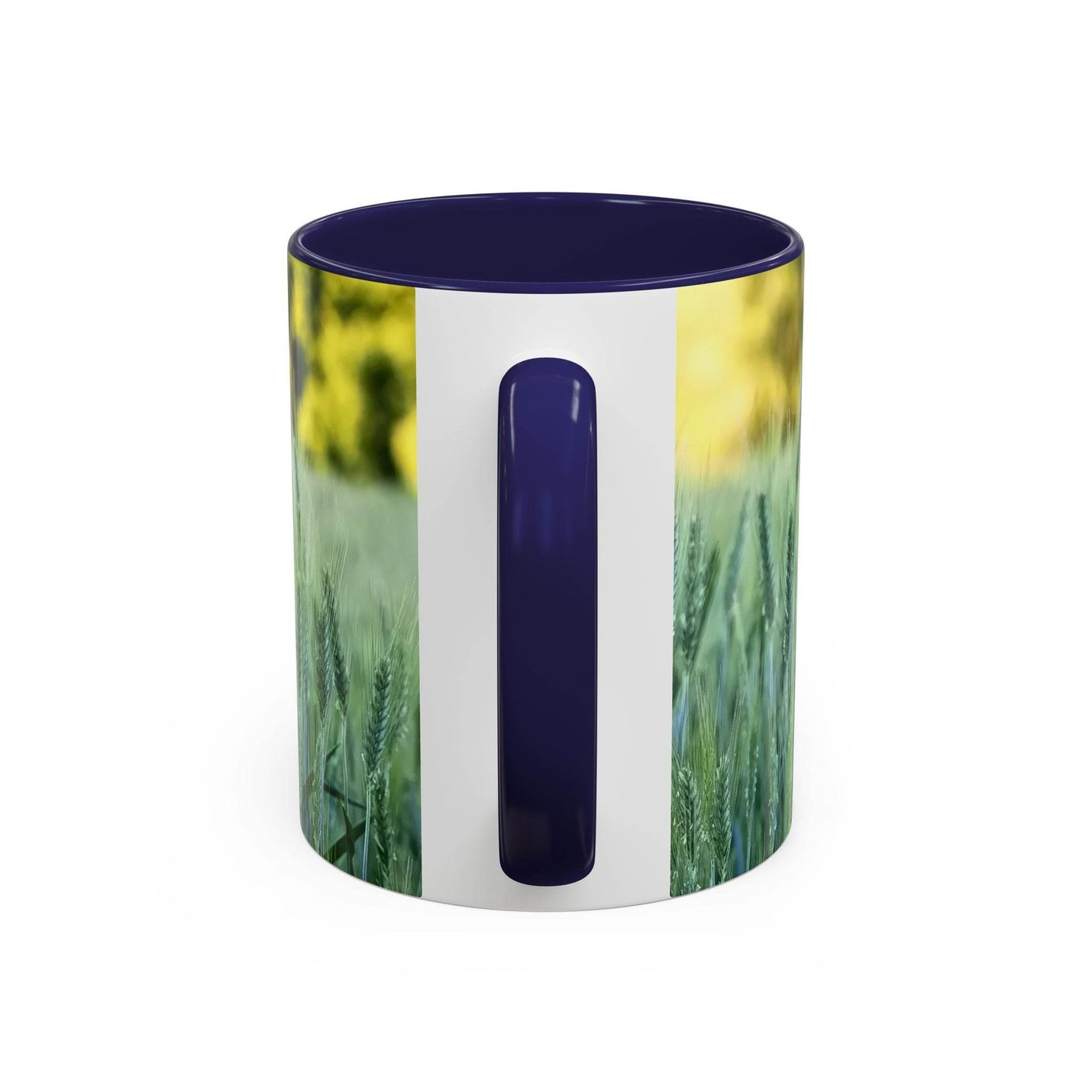 Premium 11oz Mug - Wheat Field Design Coffee Mug on a table, featuring a navy handle and navy inside finish.