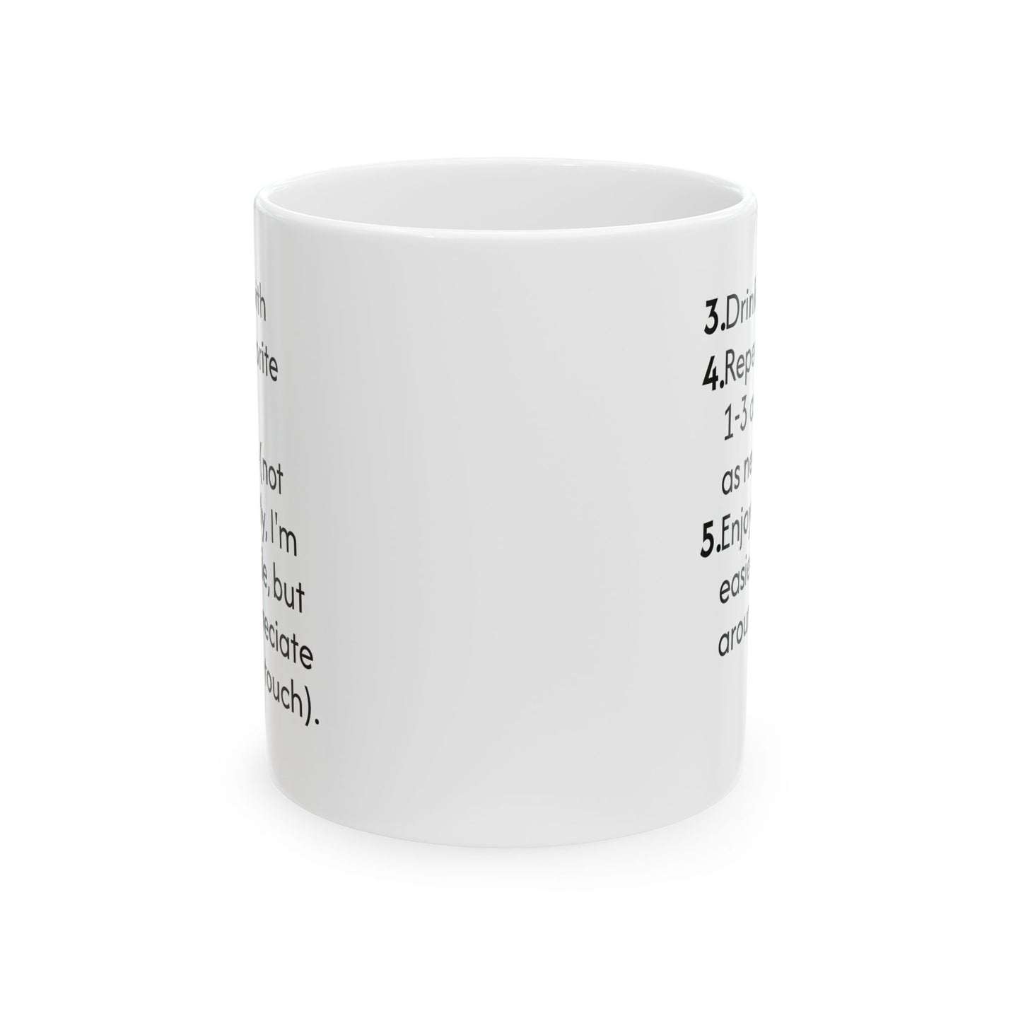 Charming 11oz instructional coffee mug designed with a comfortable C-shaped handle, lending personality to your kitchen shelf.
