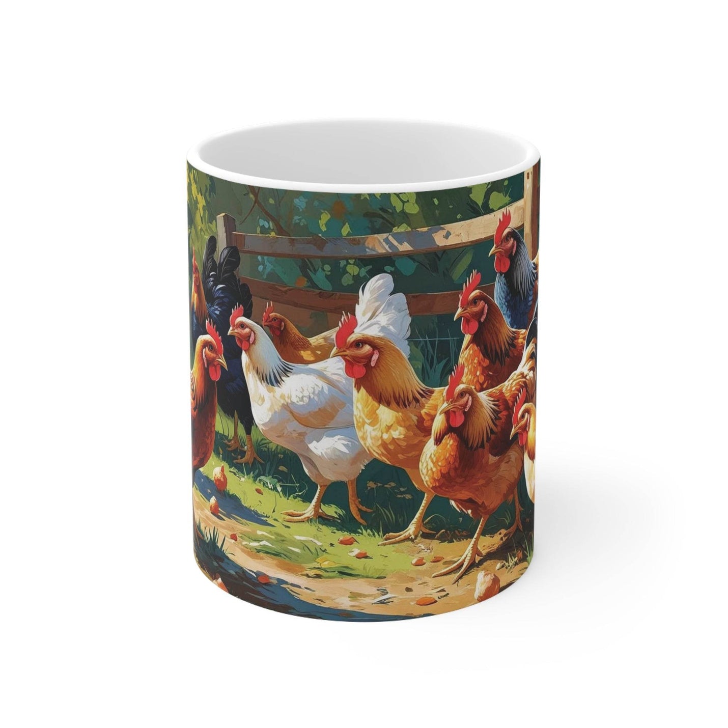 Fröhlicher 325ml Hühnerbecher aus Keramik mit verspielter Hühnerillustration, perfekt für Tierliebhaber und die Landhausküche.
