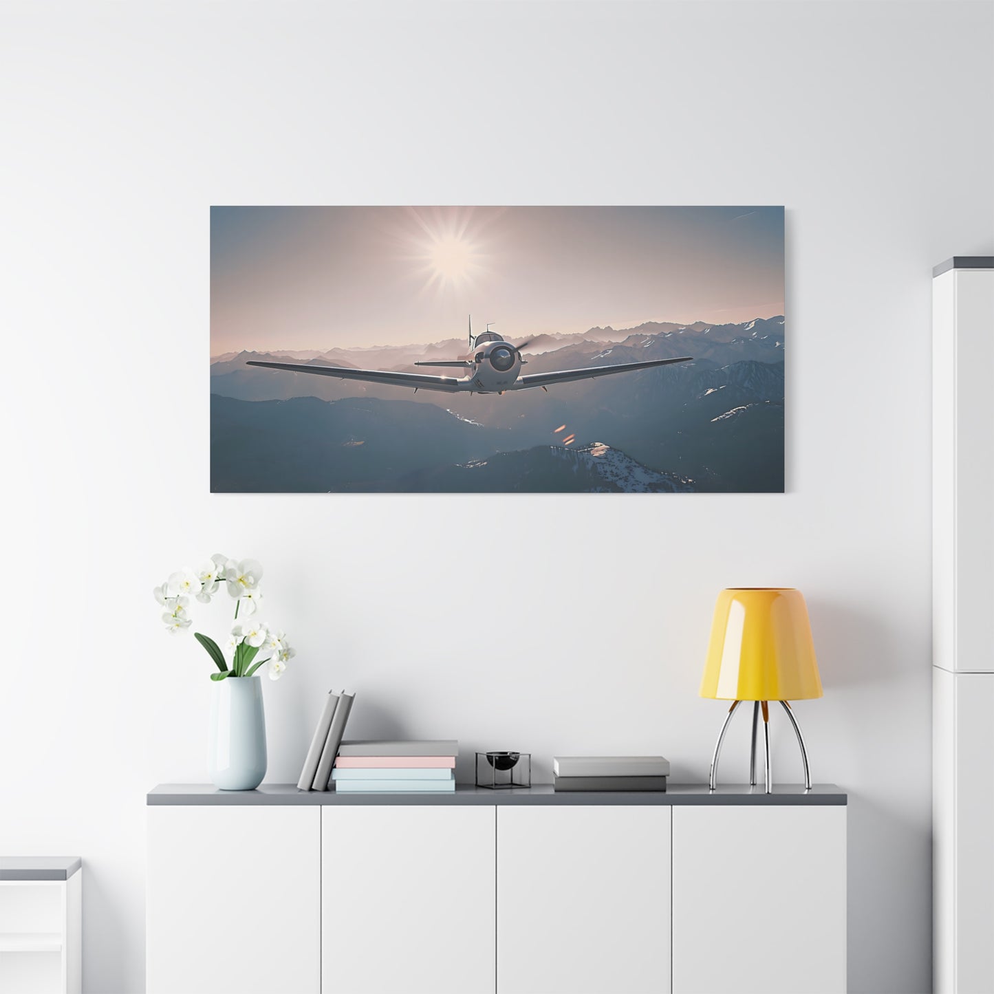 Vintage Airplane Wall Art Canvas – Stretched Matte Canvas Plane Over Mountains