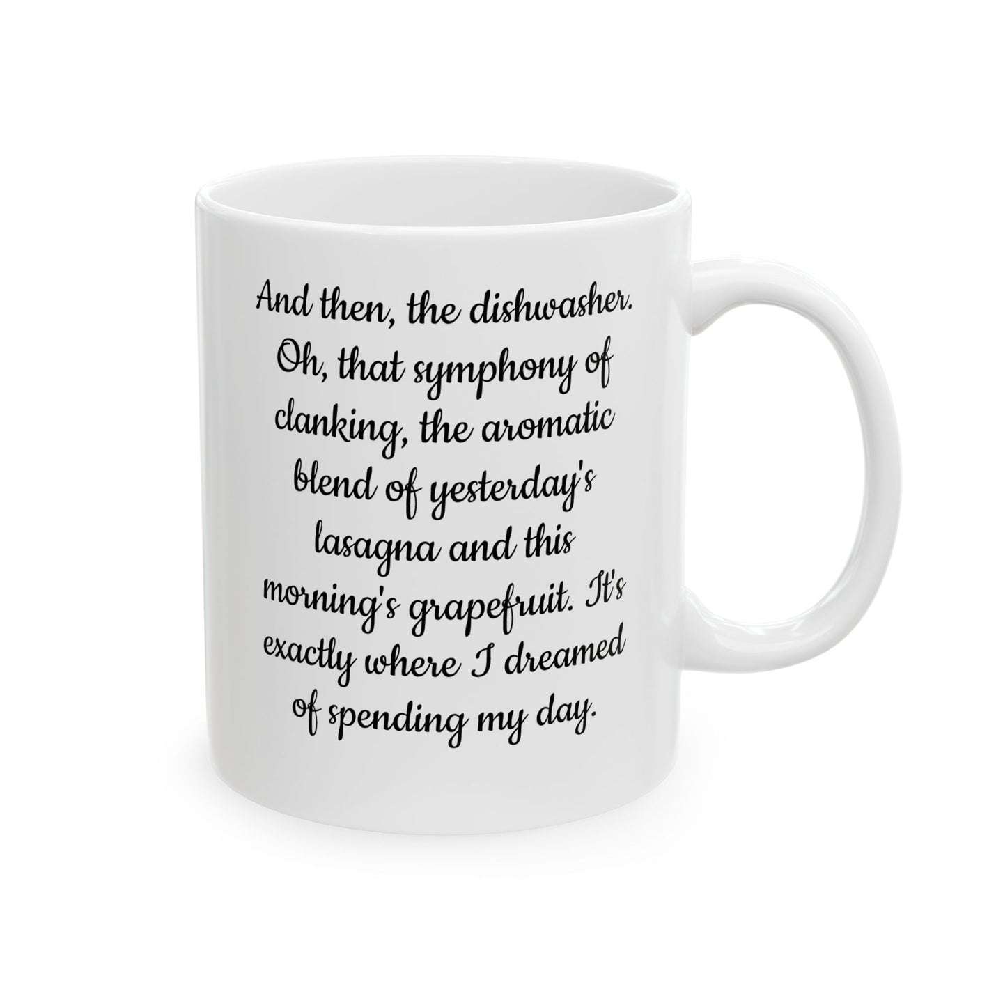 Minimalist 11oz white Romantic Love Letter Mug Ceramic Coffee Cup standing next to green botanical plants.