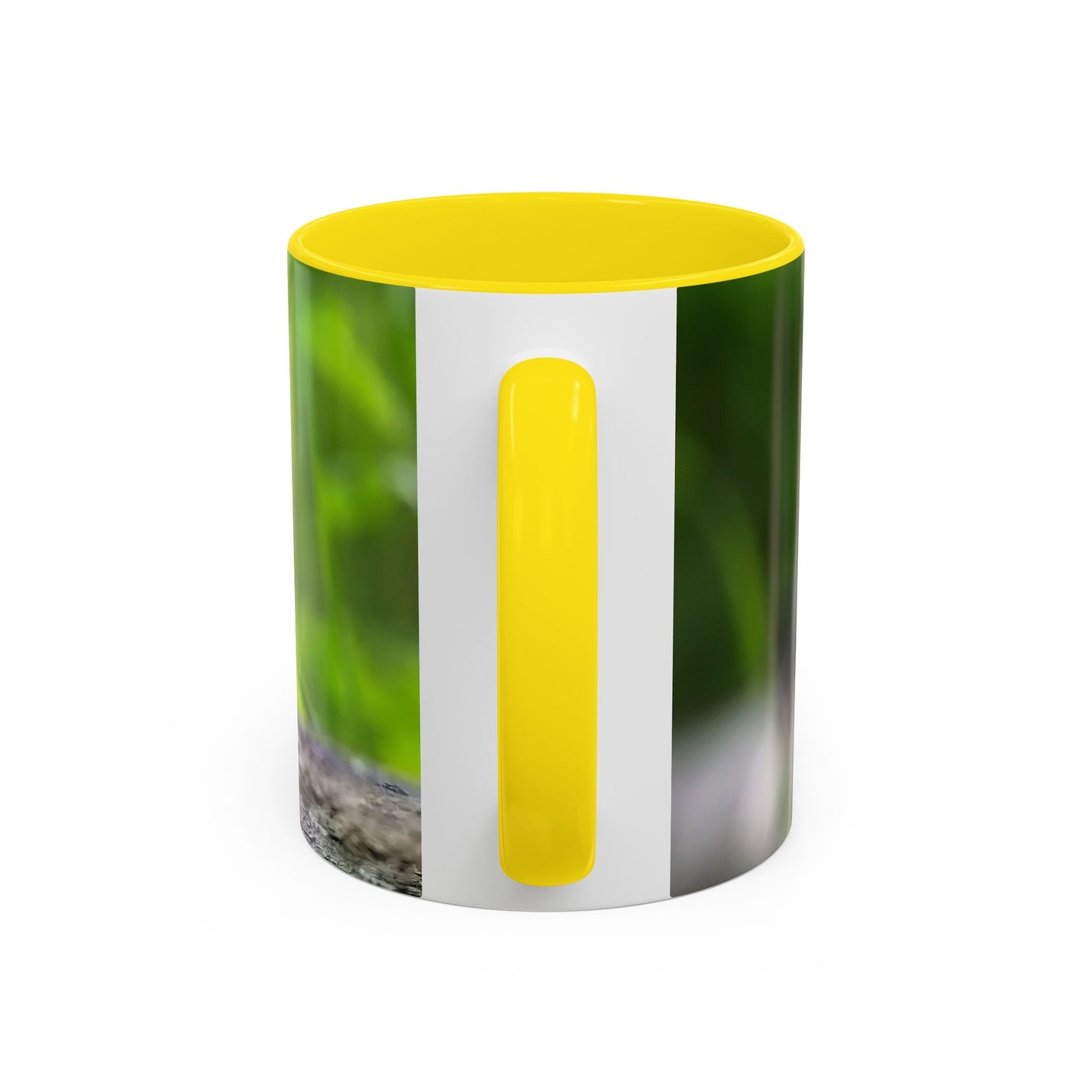 Cozy 325ml coal tit photography mug designed with a yellow handle and yellow inside.