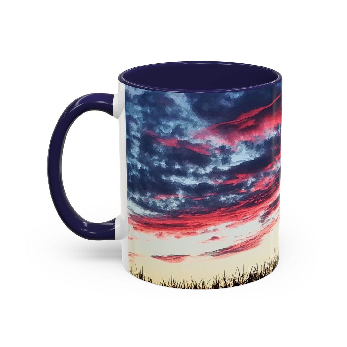 Cozy lifestyle view of 11oz Sunset Accent Coffee Mug styled with a black handle and black inside on a tray.