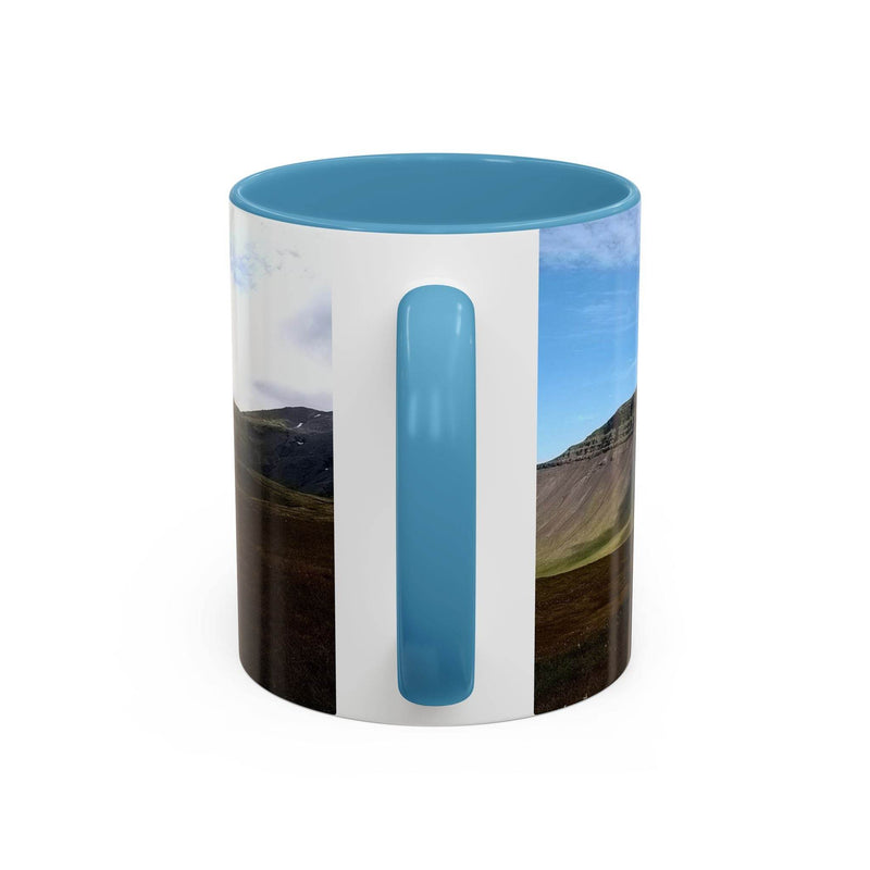 Modern 11oz Coffee Mug - Iceland Scenery next to decor, featuring a light blue handle and light blue inside.