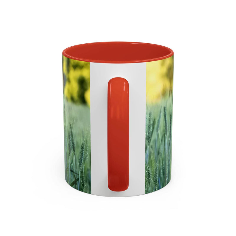 Premium 11oz Mug - Wheat Field Design Coffee Mug in a kitchen, featuring a red handle and red inside finish.