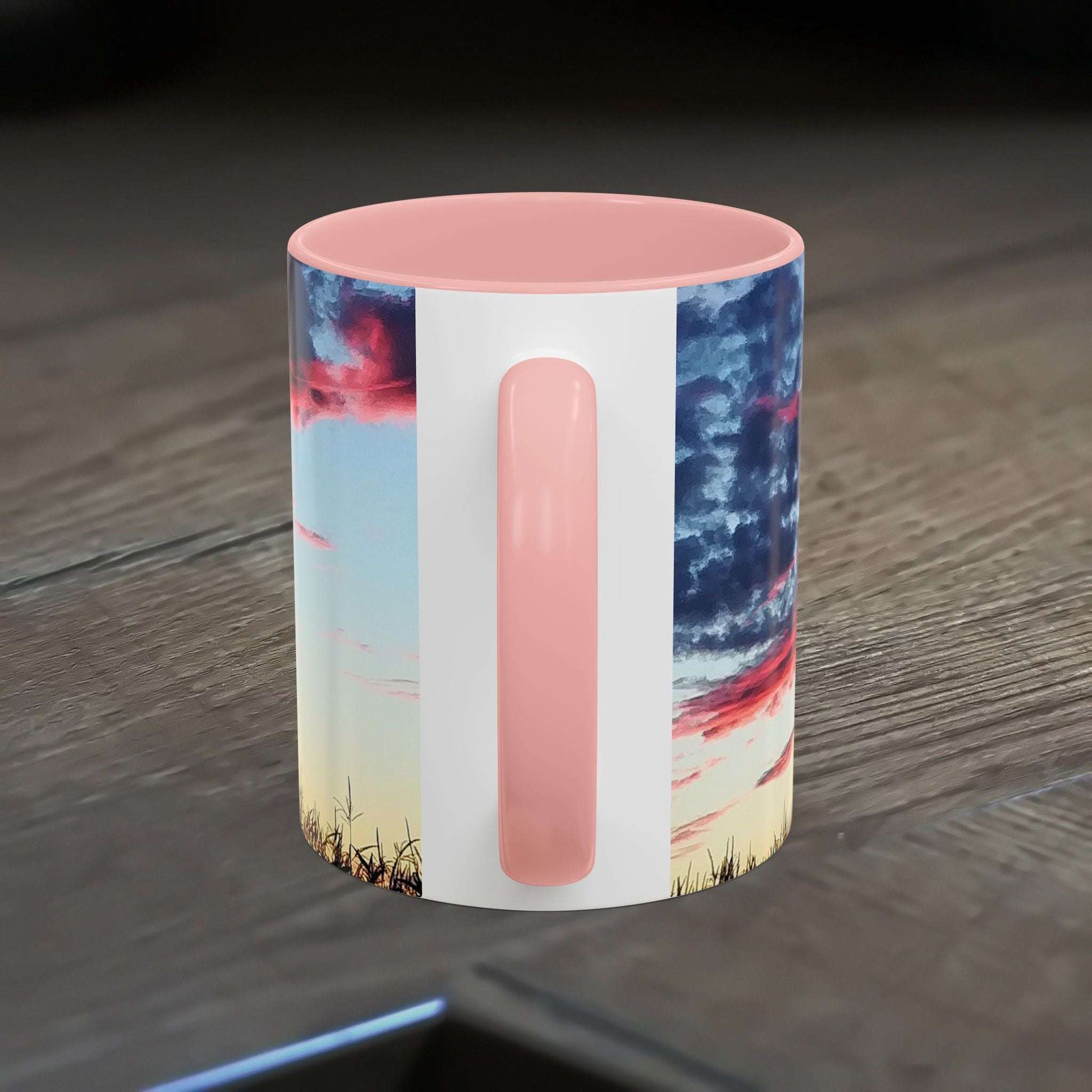 Sunset Accent Coffee Mug with Artistic Design, 11oz, Vibrant Colors, Glossy Finish, Perfect for Nature Lovers and Coffee Enthusiasts.