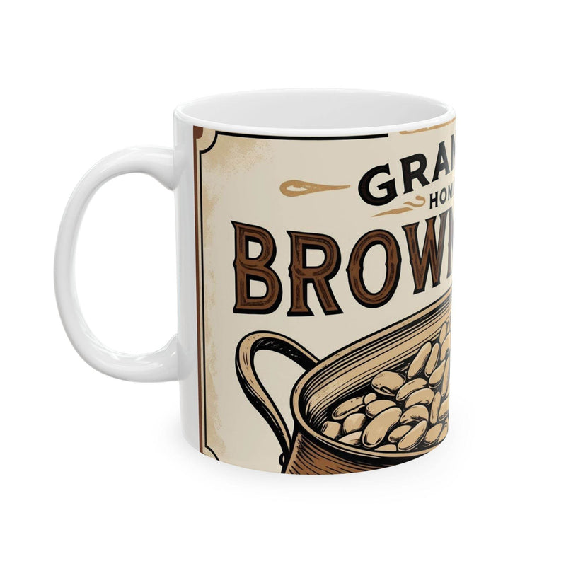Quirky 11oz ceramic Mug - Can of Brown Beans Design, Ceramic Coffee Mug on a modern wooden kitchen counter.