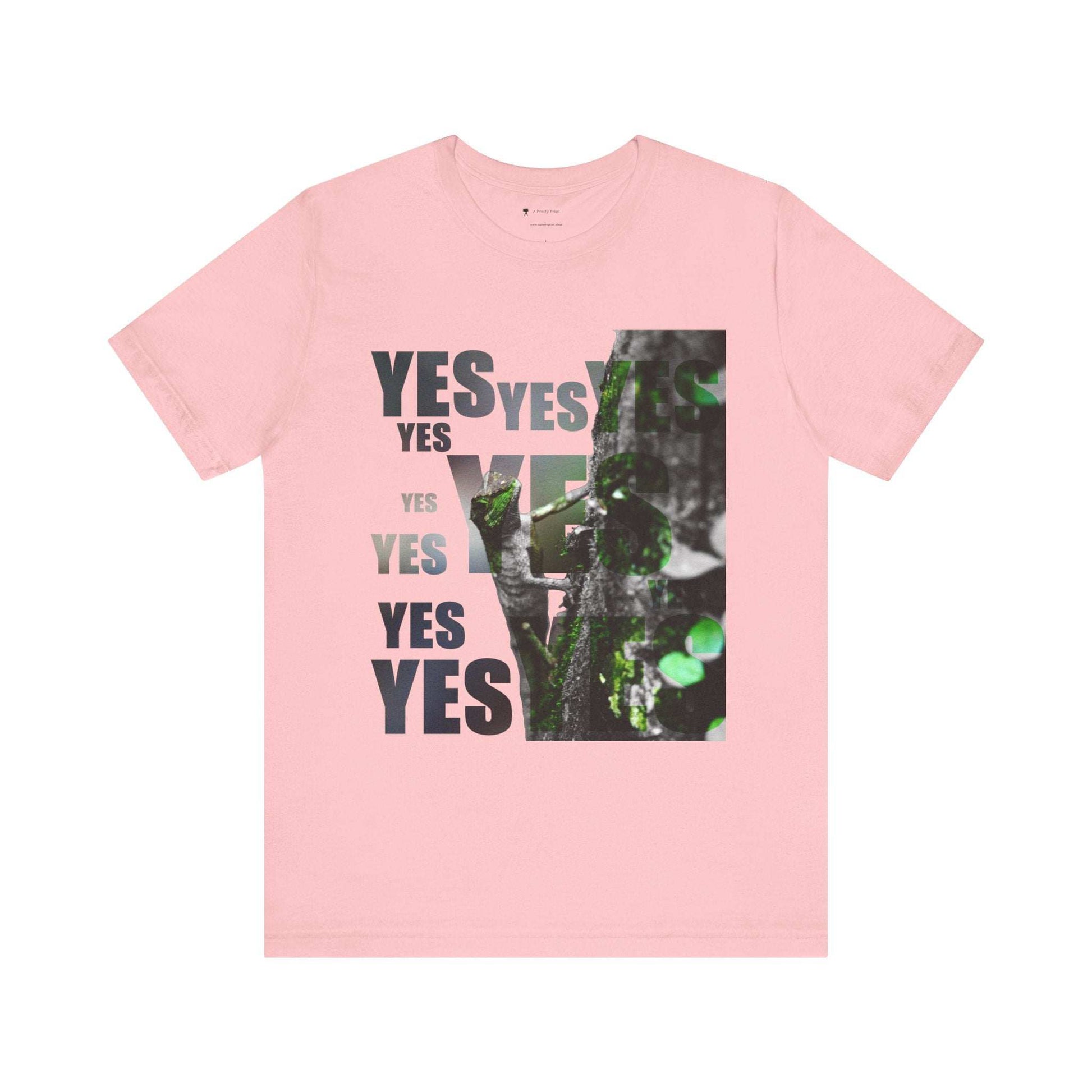 Unisex Tee with "Yes" and nature graphic print in pink, breathable cotton, modern cut.