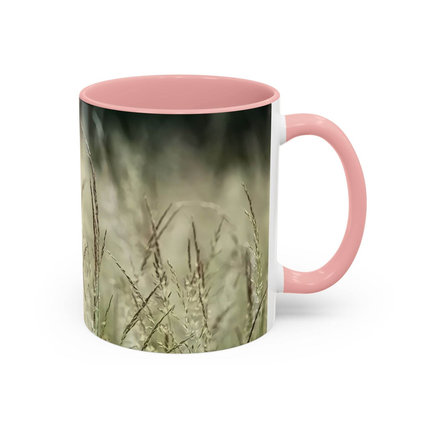 Ruhiger 325ml Keramik-Becher mit blühendem Gras, ideales Geschenk mit einem zarten rosa Henkel und rosa Innenseite.