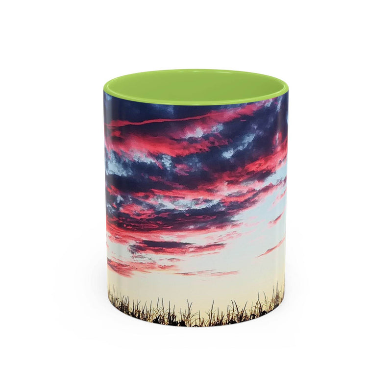 Künstlerischer 325ml Kaffeebecher mit Sonnenuntergangs-Akzent, gestaltet mit einem hellgreen Henkel und hellgrüner Innenseite.