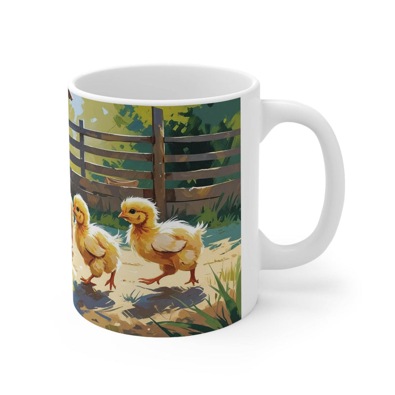 Premium 325ml ceramic mug with a comfortable handle, printed with a lovely chicken with cute little chicks nature scene wrap.