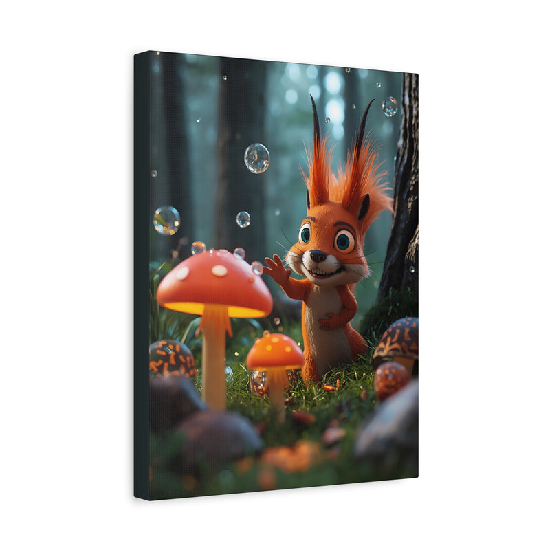 Cute Squirrel & Mushroom Canvas Print — Whimsical Forest Nursery Wall Art