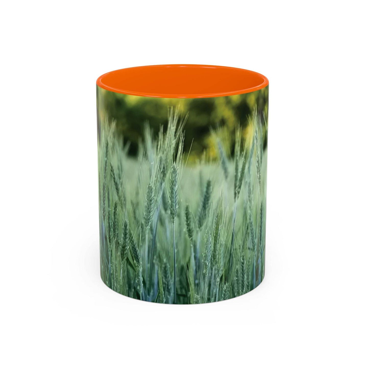 Schöner 325ml Natur-Becher mit Weizenfeld-Druck, gestaltet mit einem kräftigen orangen Henkel und oranger Innenseite.