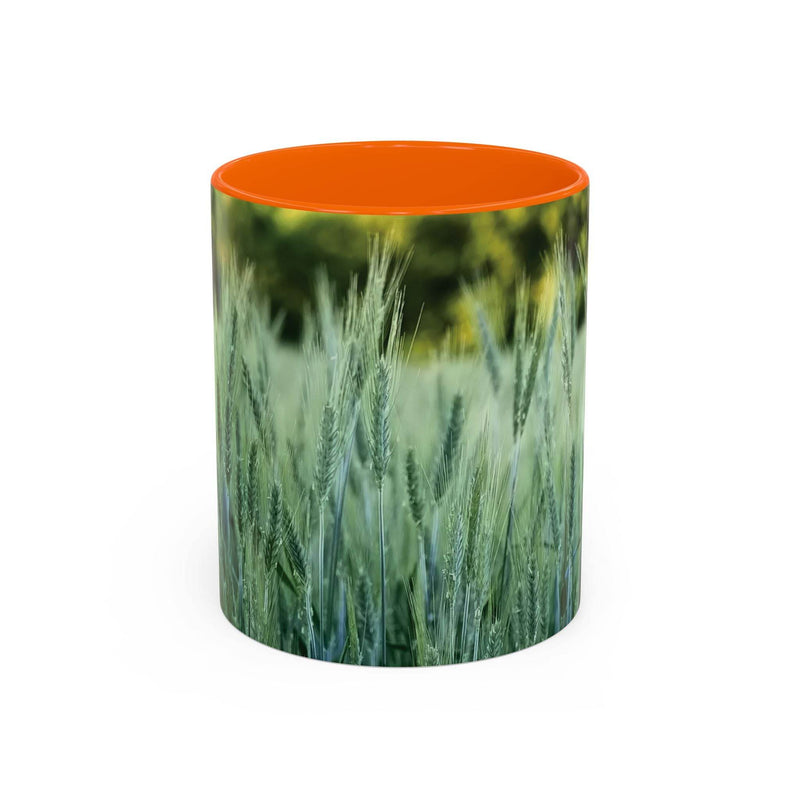 Schöner 325ml Natur-Becher mit Weizenfeld-Druck, gestaltet mit einem kräftigen orangen Henkel und oranger Innenseite.