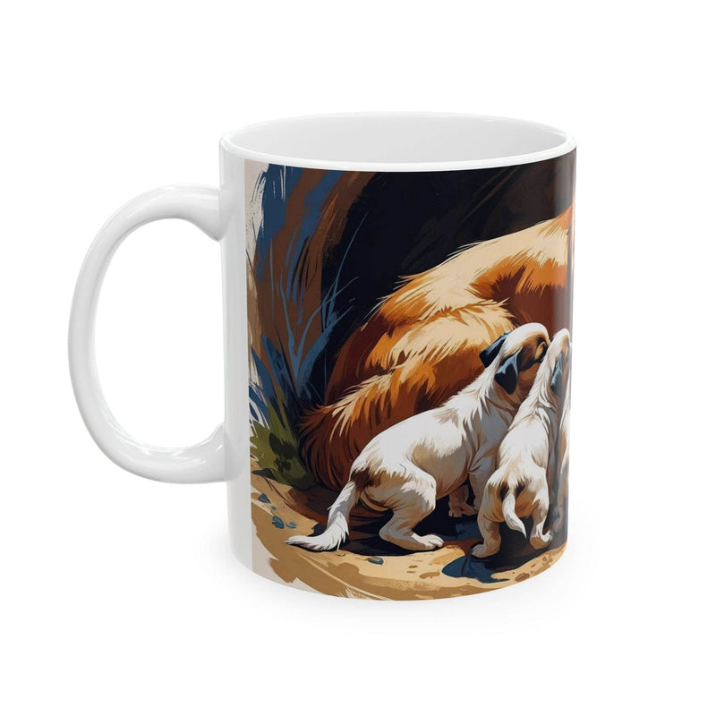Cozy lifestyle view of a 11oz Mug - Dog with Puppies Ceramic Coffee Mug near a bright window during a relaxed break.