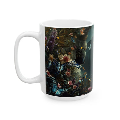 Mythic Garden Ceramic Mug — Ancient Ruins, Dear & Butterfly Floral Coffee Cup (11oz/15oz)
