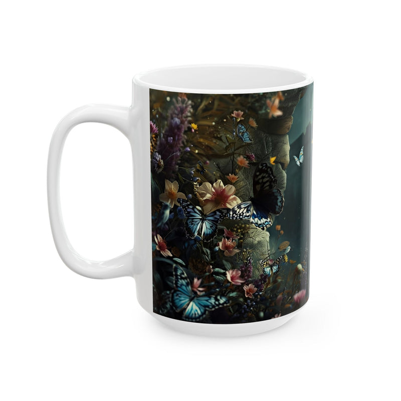 Mythic Garden Ceramic Mug — Ancient Ruins, Dear & Butterfly Floral Coffee Cup (11oz/15oz)