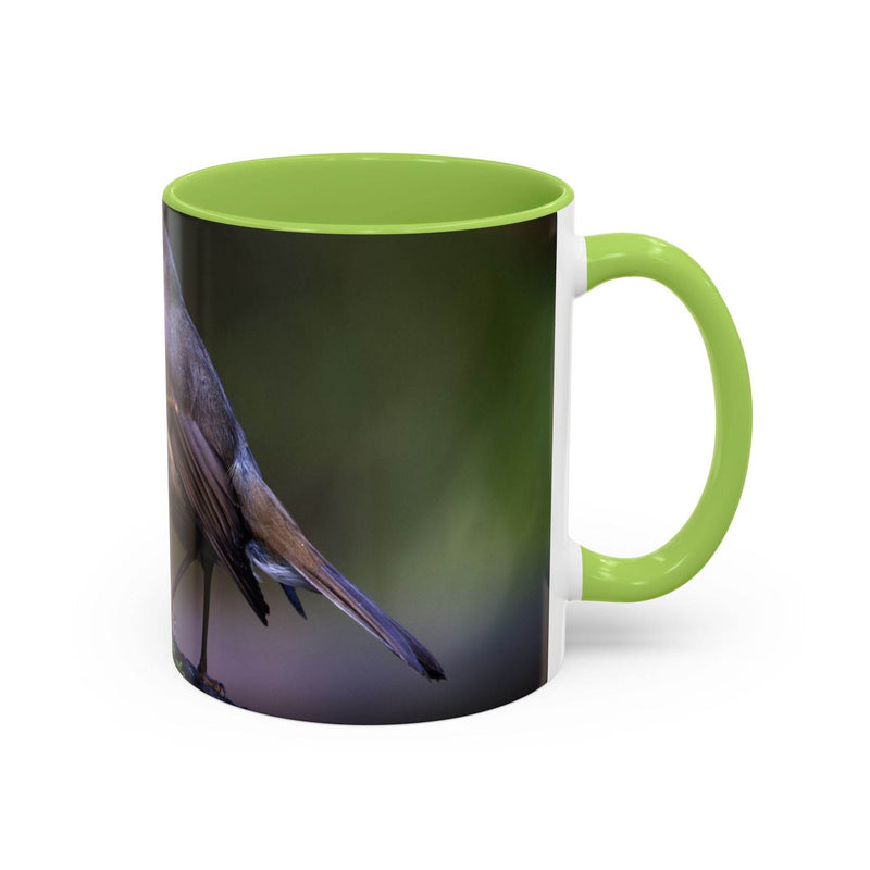 Robin bird coffee mug 325ml with a light green interior and handle.