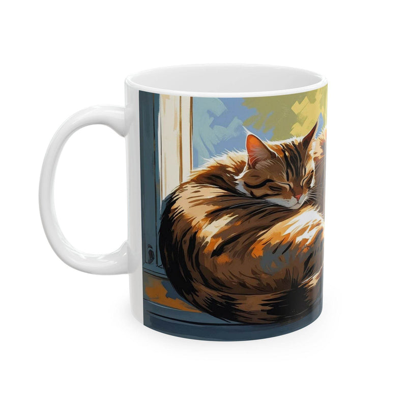 Charming 11oz ceramic Mug - Three Cats Sleeping on a Windowsill Ceramic Coffee Mug showing cozy sleeping felines on a kitchen counter.