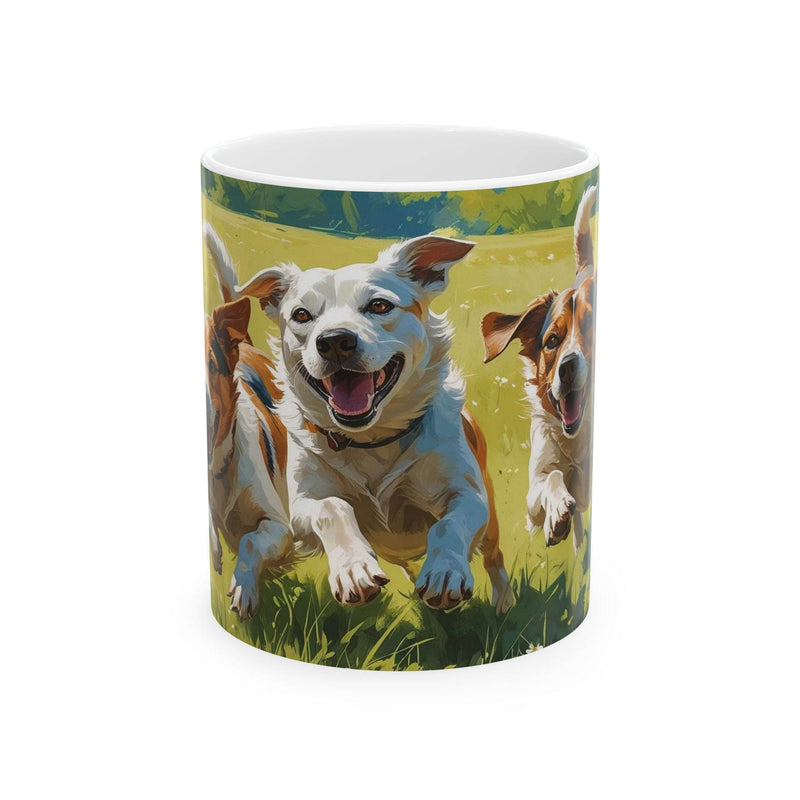 Vibrant 11oz wraparound Mug - Running Dogs in a Meadow Coffee Mug standing right next to green botanical plants.