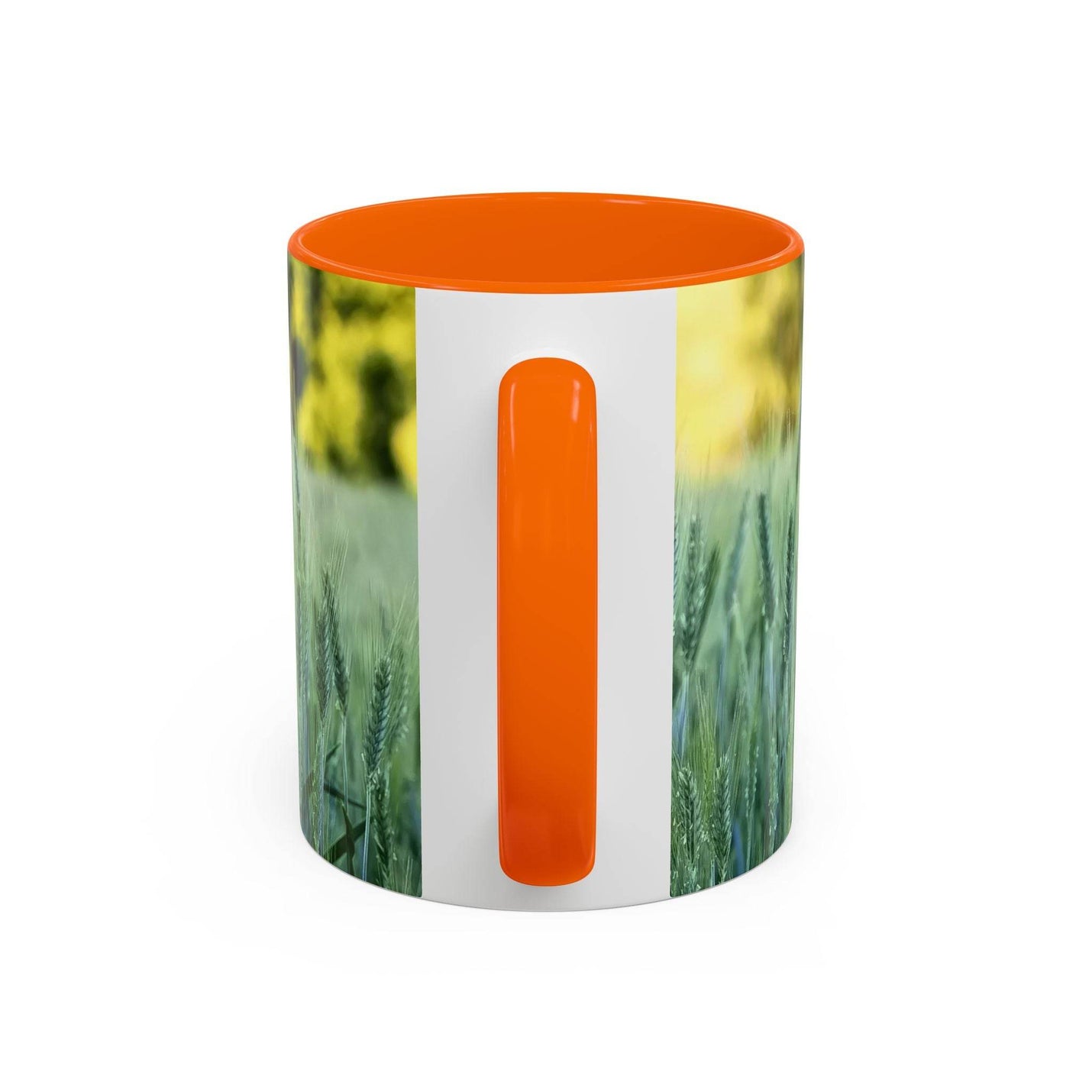 Premium 11oz Mug - Wheat Field Design Coffee Mug on a stool, featuring an orange handle and inside part.